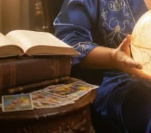 Cartas de tarô, livro e globo sobre uma mesa, elementos utilizados na consulta espiritual